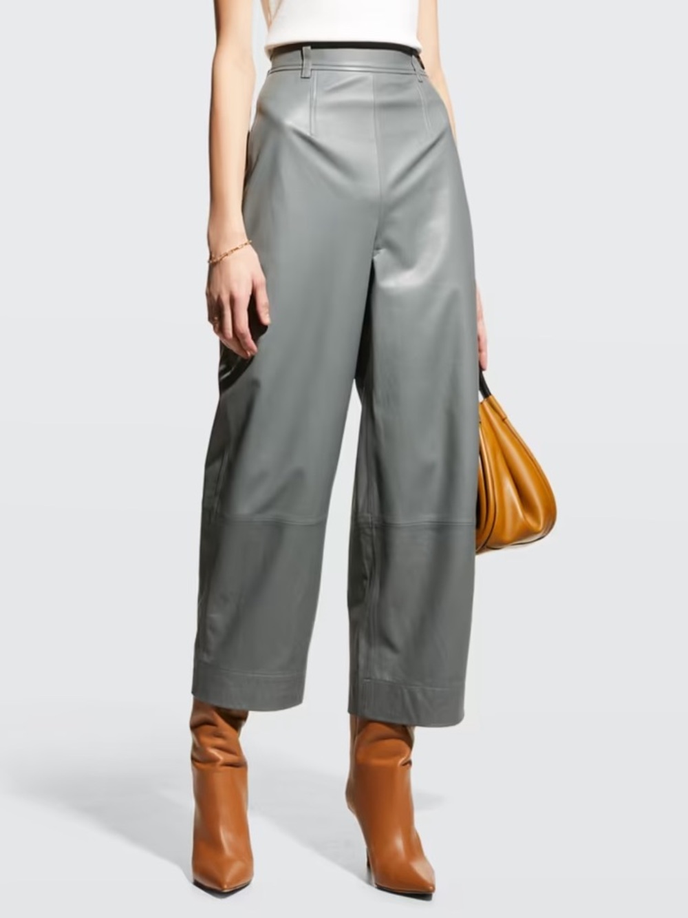 Vince Leather Charcoal Gray Pintucked Wide-Leg Cropped Designer Trouser Pants 4